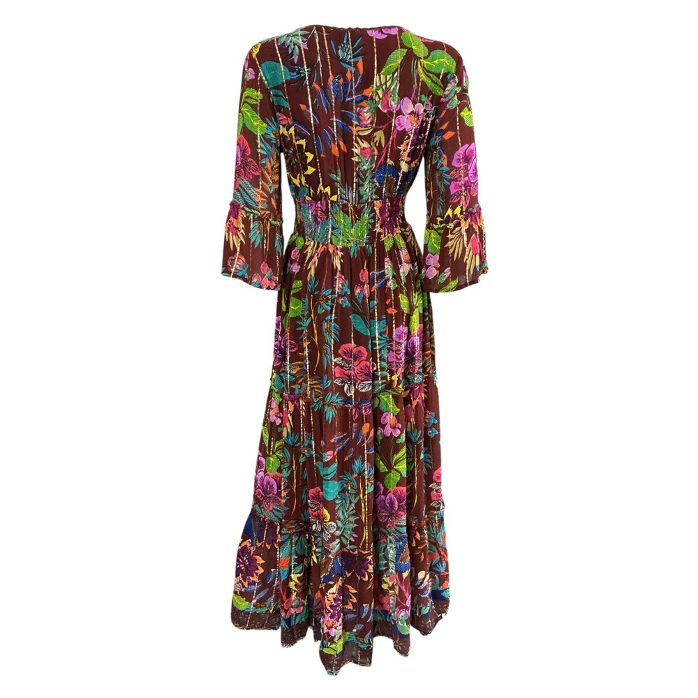 Me 2 Magic Anthropologie Maxi Dress S Floral Gold Stripe Fairy Whimsigoth  BOHO - Picture 5 of 14